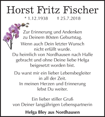 Traueranzeige von Horst Fritz Fischer von Mitteldeutsche Zeitung Halle/Saalkreis