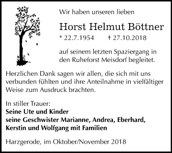 Traueranzeige von Horst Helmut Böttner von Mitteldeutsche Zeitung Quedlinburg