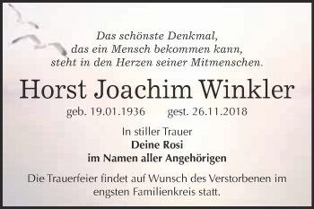 Traueranzeige von Horst Joachim Winkler von Super Sonntag Wittenberg