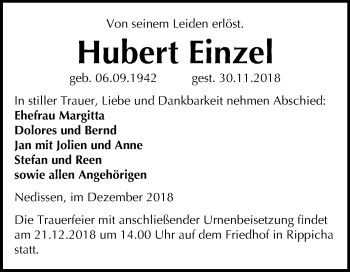 Traueranzeige von Hubert Einzel von Mitteldeutsche Zeitung Zeitz