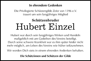 Traueranzeige von Hubert Einzel von Mitteldeutsche Zeitung Zeitz