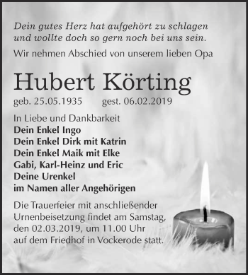 Traueranzeige von Hubert Körting von Super Sonntag Wittenberg