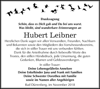 Traueranzeige von Hubert Leibner von Mitteldeutsche Zeitung Merseburg/Querfurt