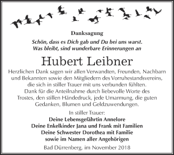 Traueranzeige von Hubert Leibner von Super Sonntag Merseburg