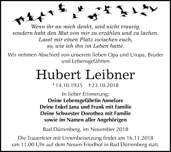 Traueranzeige von Hubert Leibner von Mitteldeutsche Zeitung Merseburg/Querfurt