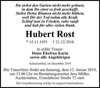 Traueranzeige von Hubert Rost von Mitteldeutsche Zeitung Aschersleben