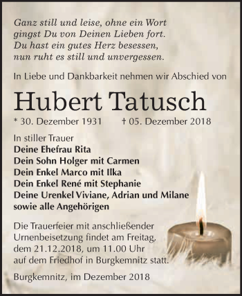 Traueranzeige von Hubert Tatusch von WVG - Wochenspiegel Bitterfeld