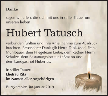 Traueranzeige von Hubert Tatusch von WVG - Wochenspiegel Bitterfeld