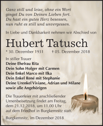 Traueranzeige von Hubert Tatusch von Mitteldeutsche Zeitung Bitterfeld