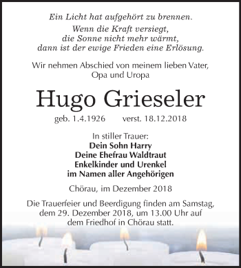 Traueranzeige von Hugo Grieseler von WVG - Wochenspiegel Dessau / Köthen