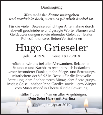 Traueranzeige von Hugo Grieseler von Mitteldeutsche Zeitung Köthen