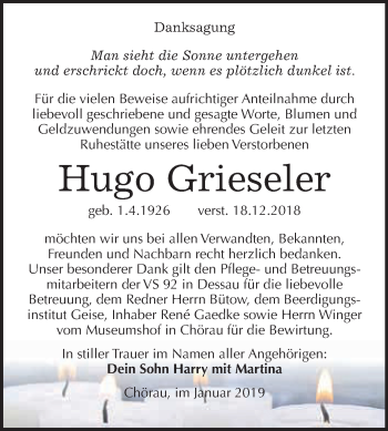 Traueranzeige von Hugo Grieseler von WVG - Wochenspiegel Dessau / Köthen