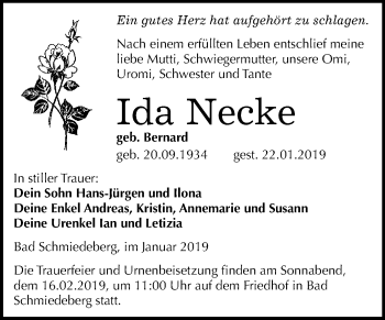 Traueranzeige von Ida Necke von WVG - Wochenspiegel Wittenberg