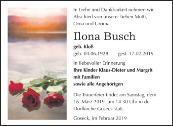 Traueranzeige von Ilona Busch von WVG - Wochenspiegel NMB / WSF / ZTZ