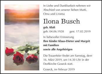 Traueranzeige von Ilona Busch von Mitteldeutsche Zeitung Weißenfels