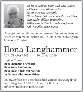 Traueranzeige von Ilona Langhammer von WVG - Wochenspiegel Bitterfeld