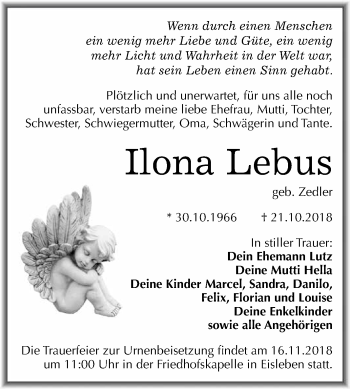 Traueranzeige von Ilona Lebus von Super Sonntag SGH Mansf. Land