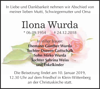 Traueranzeige von Ilona Wurda von WVG - Wochenspiegel Dessau / Köthen