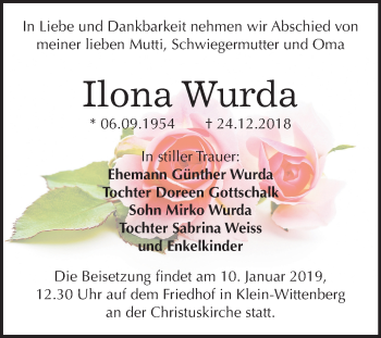 Traueranzeige von Ilona Wurda von Mitteldeutsche Zeitung Wittenberg