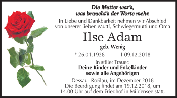 Traueranzeige von Ilse Adam von Mitteldeutsche Zeitung Dessau-Roßlau