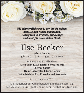 Traueranzeige von Ilse Becker von Mitteldeutsche Zeitung Weißenfels