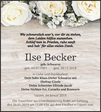 Traueranzeige von Ilse Becker von Super Sonntag Merseburg