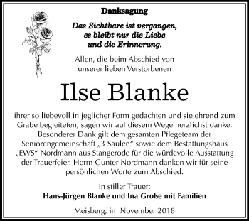 Traueranzeige von Ilse Blanke von Mitteldeutsche Zeitung Aschersleben