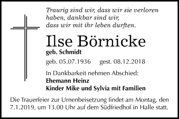 Traueranzeige von Ilse Börnicke von Mitteldeutsche Zeitung Halle/Saalkreis