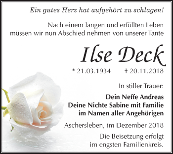 Traueranzeige von Ilse Deck von Mitteldeutsche Zeitung Aschersleben