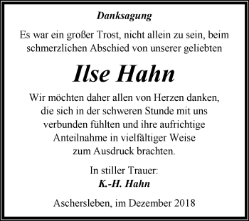 Traueranzeige von Ilse Hahn von Super Sonntag Aschersleben