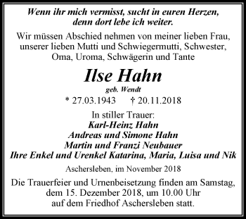 Traueranzeige von Ilse Hahn von Mitteldeutsche Zeitung Aschersleben