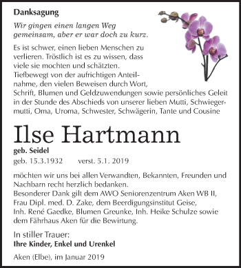 Traueranzeige von Ilse Hartmann von Mitteldeutsche Zeitung Köthen