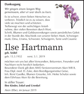 Traueranzeige von Ilse Hartmann von WVG - Wochenspiegel Dessau / Köthen
