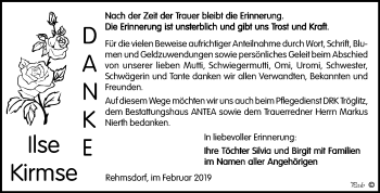 Traueranzeige von Ilse Kirmse von WVG - Wochenspiegel NMB / WSF / ZTZ