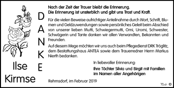 Traueranzeige von Ilse Kirmse von Mitteldeutsche Zeitung Zeitz