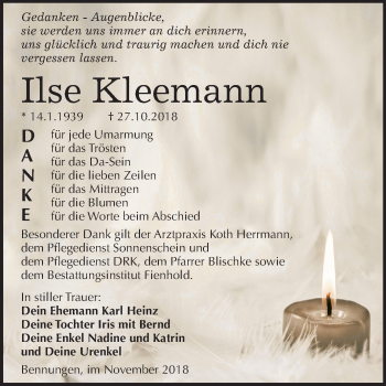 Traueranzeige von Ilse Kleemann von Mitteldeutsche Zeitung Sangerhausen