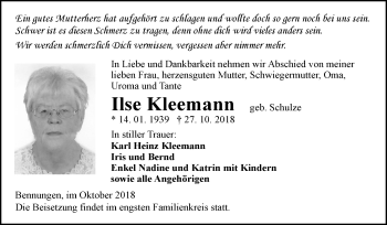 Traueranzeige von Ilse Kleemann von Mitteldeutsche Zeitung Sangerhausen