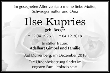 Traueranzeige von Ilse Kupries von Mitteldeutsche Zeitung Merseburg/Querfurt