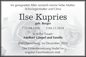 Traueranzeige von Ilse Kupries von Super Sonntag Merseburg