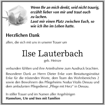 Traueranzeige von Ilse Lauterbach von Mitteldeutsche Zeitung Wittenberg