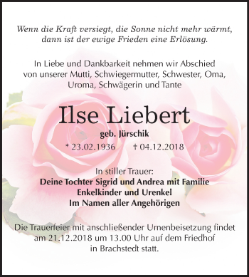 Traueranzeige von Ilse Liebert von Mitteldeutsche Zeitung Halle/Saalkreis