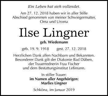 Traueranzeige von Ilse Lingner von Mitteldeutsche Zeitung