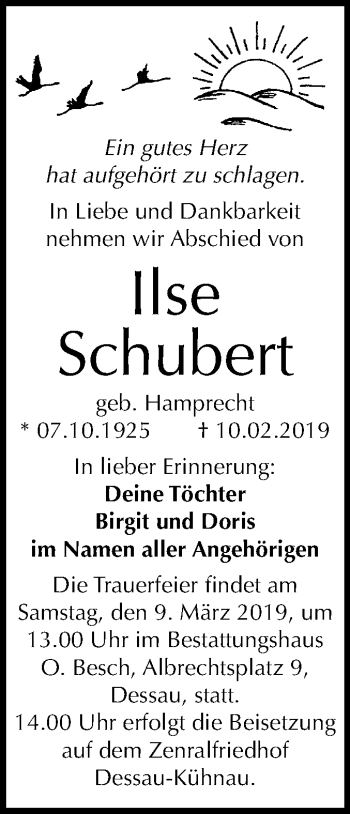 Traueranzeige von Ilse Schubert von Mitteldeutsche Zeitung Dessau-Roßlau