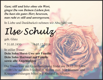 Traueranzeige von Ilse Schulz von Mitteldeutsche Zeitung Bitterfeld