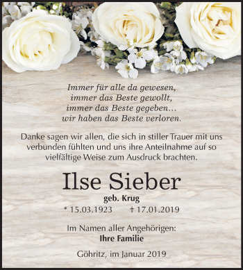 Traueranzeige von Ilse Sieber von Mitteldeutsche Zeitung
