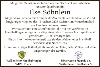 Traueranzeige von Ilse Söhnlein von WVG - Wochenspiegel NMB / WSF / ZTZ