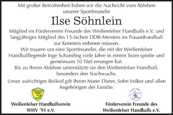 Traueranzeige von Ilse Söhnlein von Mitteldeutsche Zeitung Weißenfels