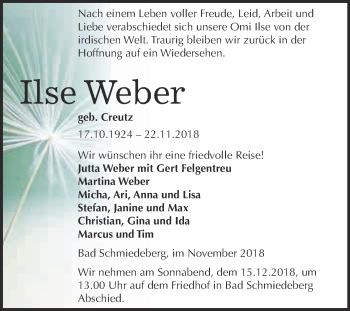 Traueranzeige von Ilse Weber von WVG - Wochenspiegel Wittenberg