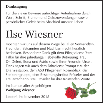 Traueranzeige von Ilse Wiesner von Mitteldeutsche Zeitung Bernburg