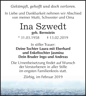 Traueranzeige von Ina Szwedt von WVG - Wochenspiegel Bitterfeld